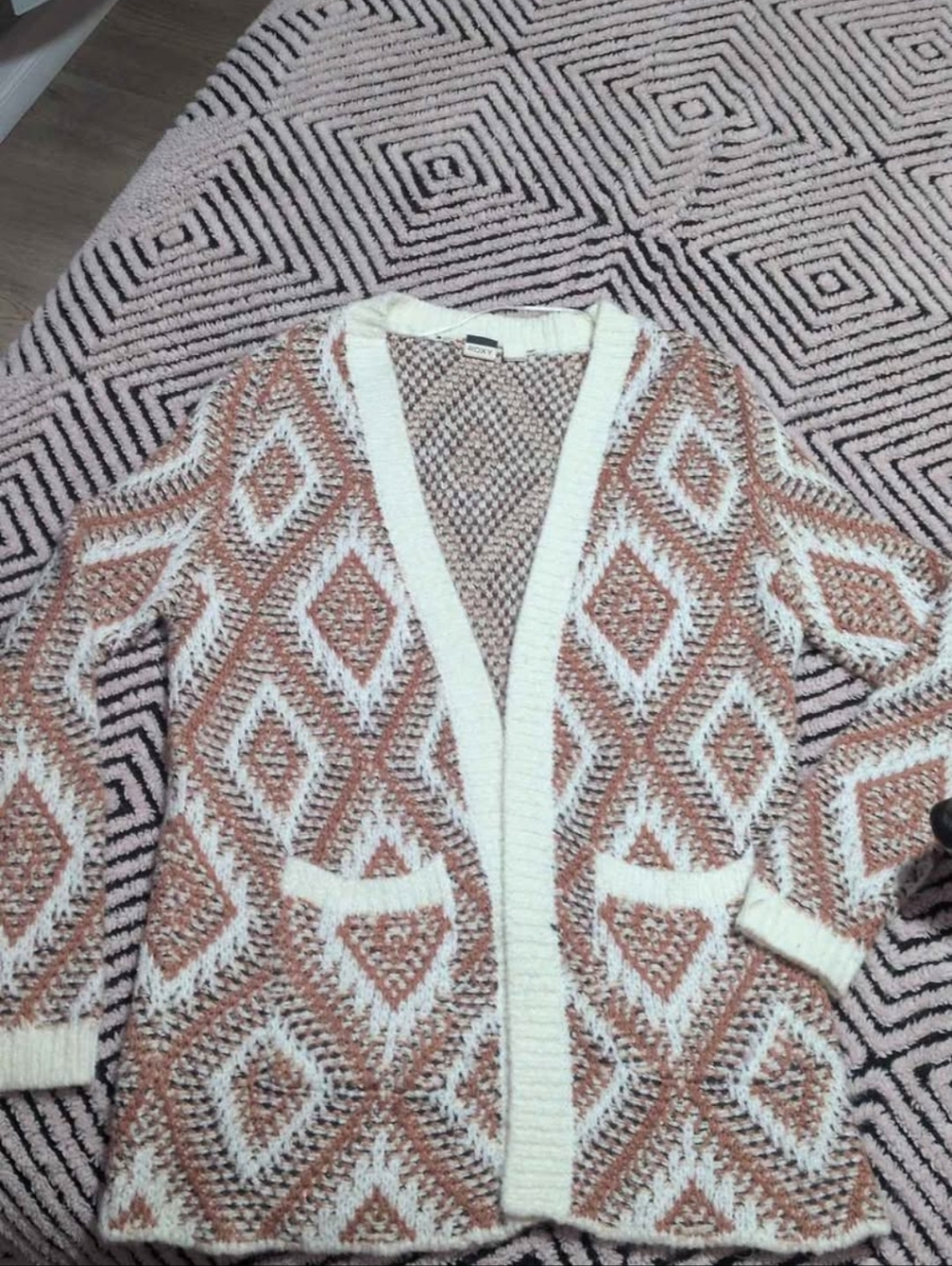 Billabong Cream & Rust Diamond-Pattern Open Cardigan